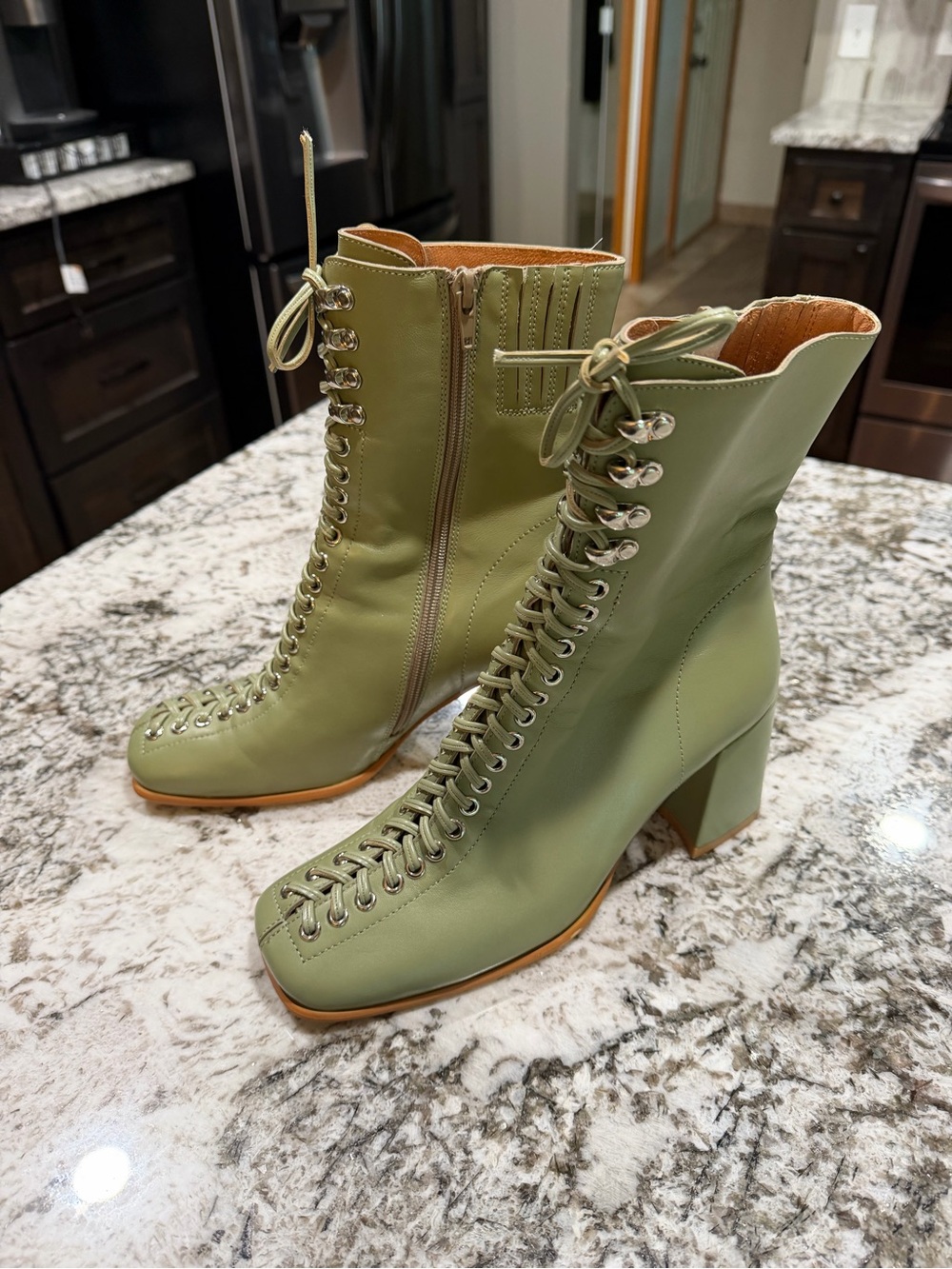 Jeffrey Campbell Belmond Victorian Style Green Leather Lace-Up Ankle Boot
